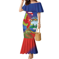 Personalized Costa Rica Independence Day Family Matching Mermaid Dress and Hawaiian Shirt Scarlet Macaw Parrot With Coat Of Arms - Wonder Print Shop