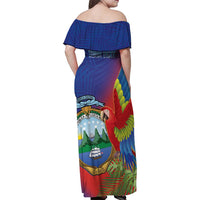 Personalized Costa Rica Independence Day Family Matching Off Shoulder Maxi Dress and Hawaiian Shirt Scarlet Macaw Parrot With Coat Of Arms - Wonder Print Shop