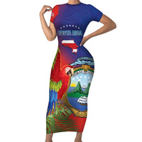Personalized Costa Rica Independence Day Family Matching Short Sleeve Bodycon Dress and Hawaiian Shirt Scarlet Macaw Parrot With Coat Of Arms - Wonder Print Shop