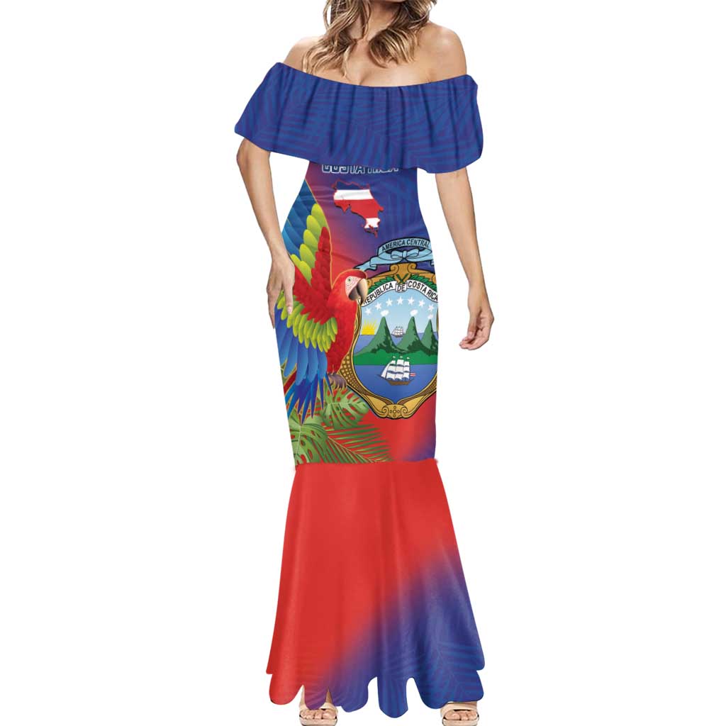 Personalized Costa Rica Independence Day Mermaid Dress Scarlet Macaw Parrot With Coat Of Arms - Wonder Print Shop