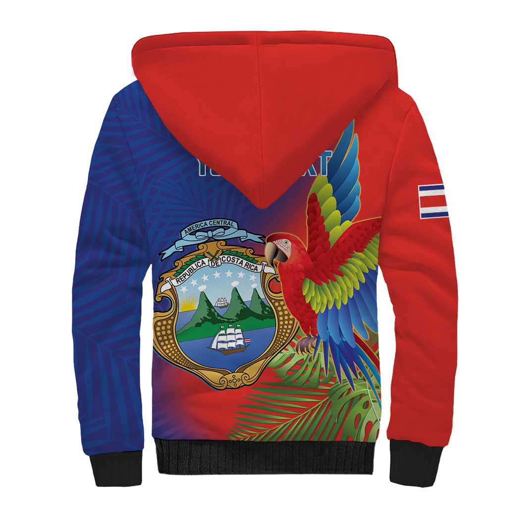 Personalized Costa Rica Independence Day Sherpa Hoodie Scarlet Macaw Parrot With Coat Of Arms - Wonder Print Shop