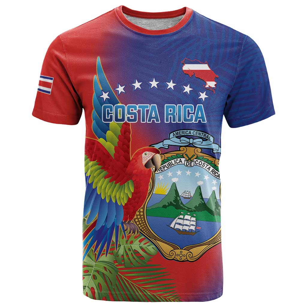 Personalized Costa Rica Independence Day T Shirt Scarlet Macaw Parrot With Coat Of Arms - Wonder Print Shop