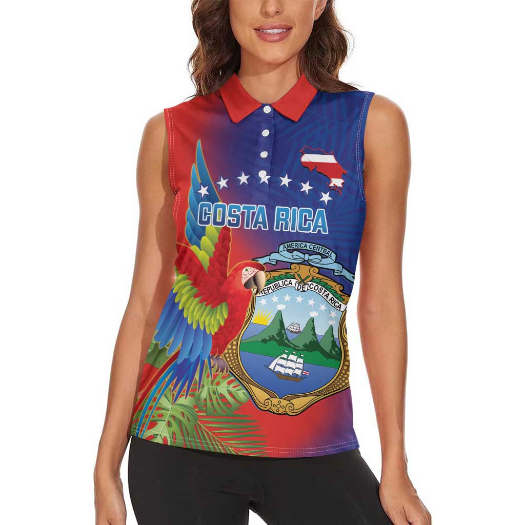 Personalized Costa Rica Independence Day Women Sleeveless Polo Shirt Scarlet Macaw Parrot With Coat Of Arms - Wonder Print Shop
