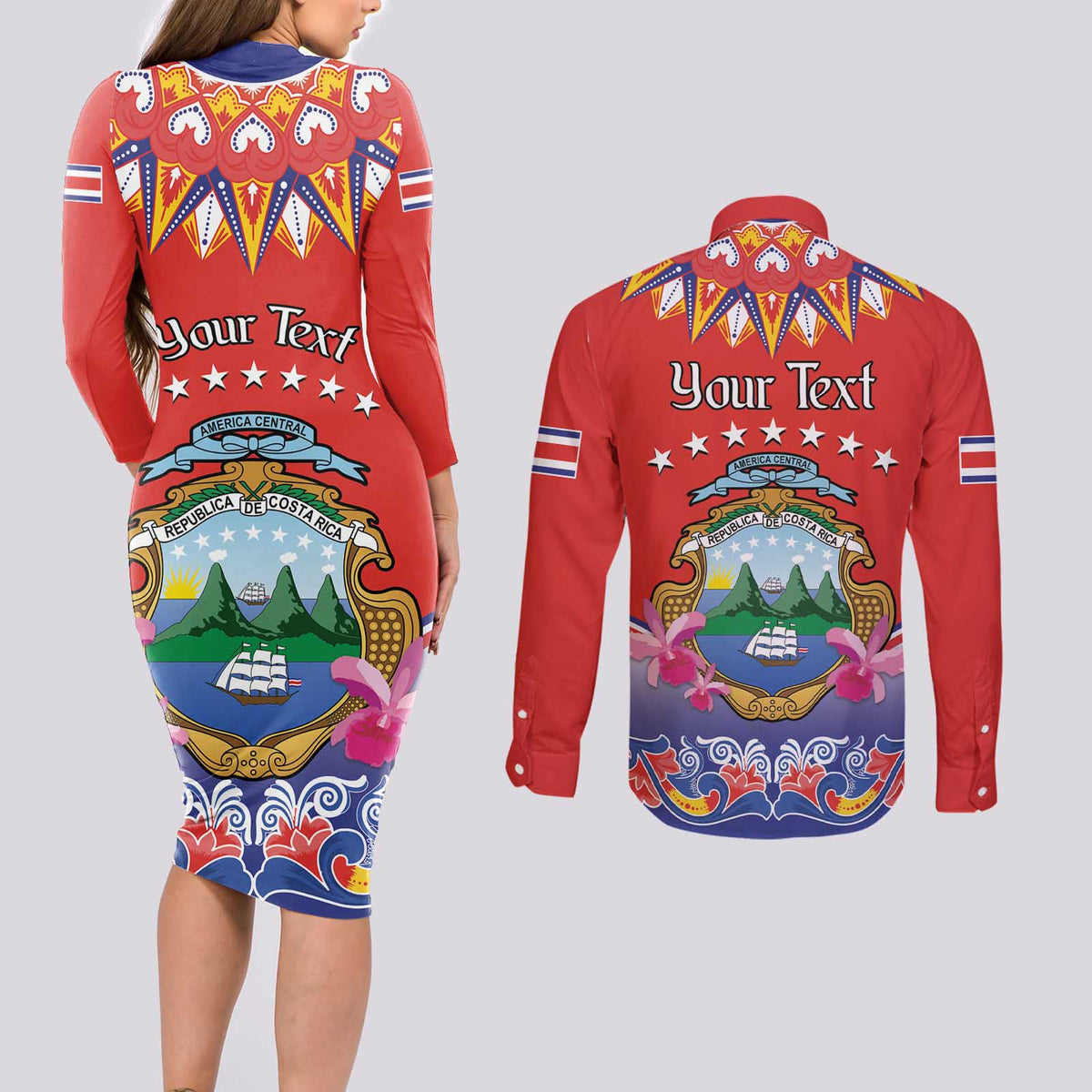 Personalized Costa Rica Independence Day Couples Matching Long Sleeve Bodycon Dress and Long Sleeve Button Shirt Guaria Morada With Folk Pattern - Wonder Print Shop
