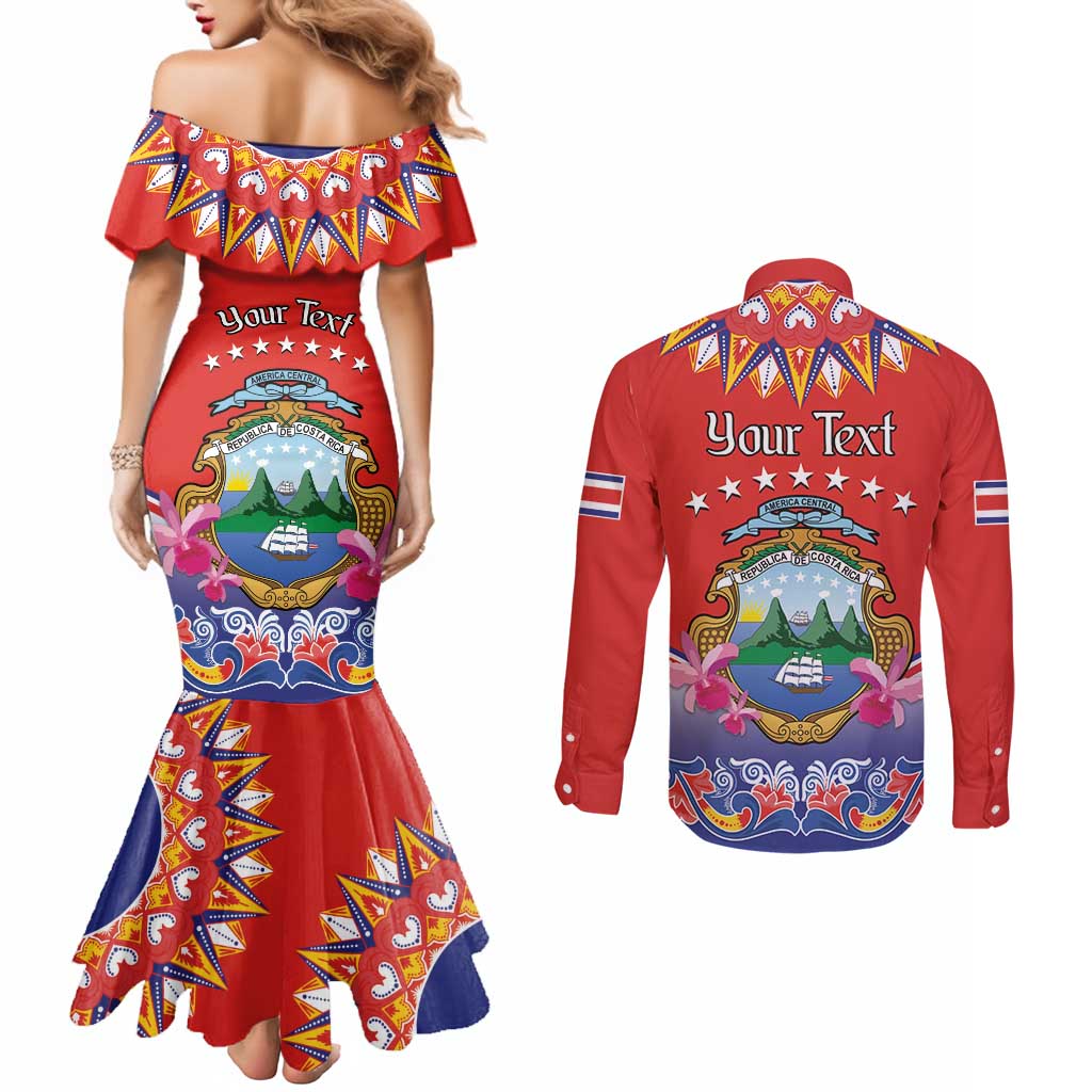 Personalized Costa Rica Independence Day Couples Matching Mermaid Dress and Long Sleeve Button Shirt Guaria Morada With Folk Pattern