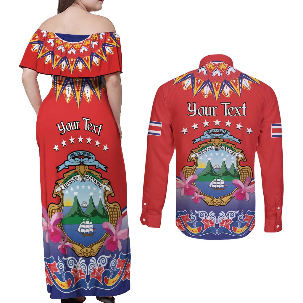 Personalized Costa Rica Independence Day Couples Matching Off Shoulder Maxi Dress and Long Sleeve Button Shirt Guaria Morada With Folk Pattern - Wonder Print Shop