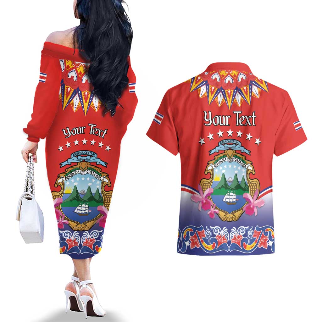 Personalized Costa Rica Independence Day Couples Matching Off The Shoulder Long Sleeve Dress and Hawaiian Shirt Guaria Morada With Folk Pattern - Wonder Print Shop