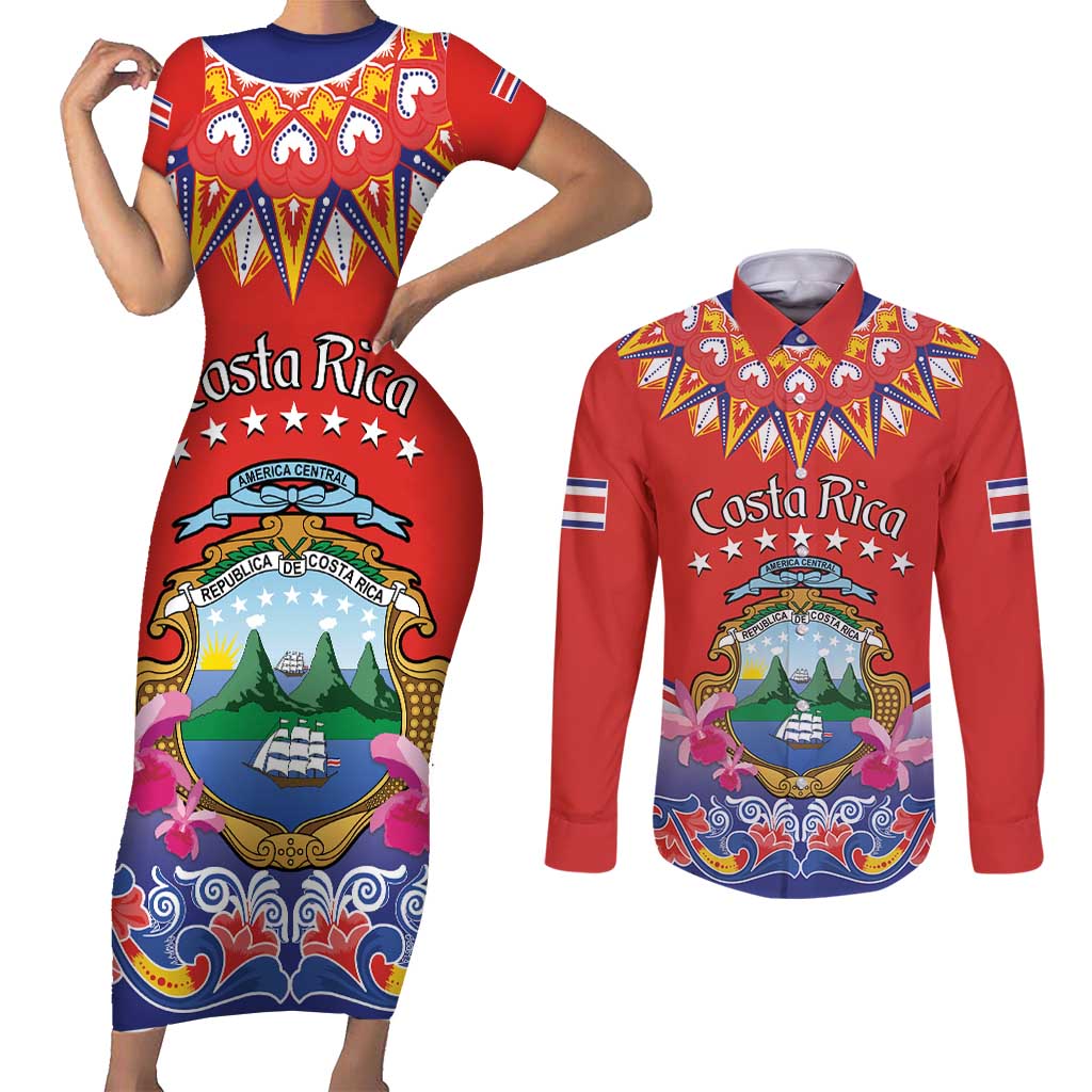 Personalized Costa Rica Independence Day Couples Matching Short Sleeve Bodycon Dress and Long Sleeve Button Shirt Guaria Morada With Folk Pattern - Wonder Print Shop