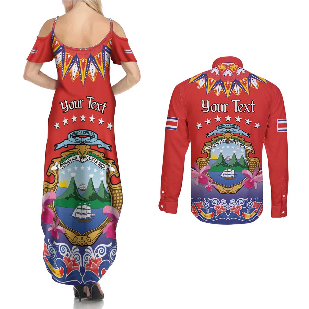 Personalized Costa Rica Independence Day Couples Matching Summer Maxi Dress and Long Sleeve Button Shirt Guaria Morada With Folk Pattern - Wonder Print Shop