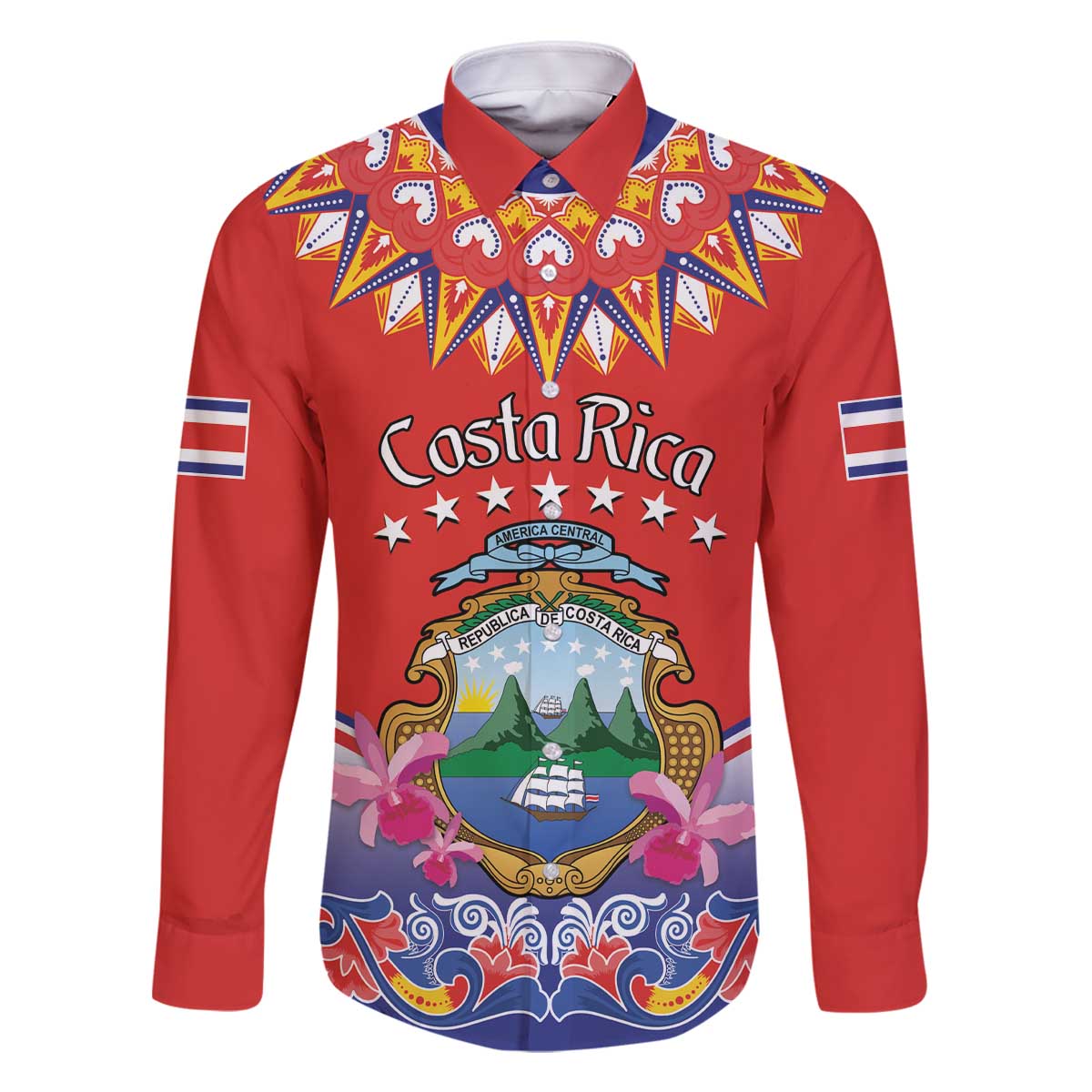 Personalized Costa Rica Independence Day Family Matching Off The Shoulder Long Sleeve Dress and Hawaiian Shirt Guaria Morada With Folk Pattern - Wonder Print Shop