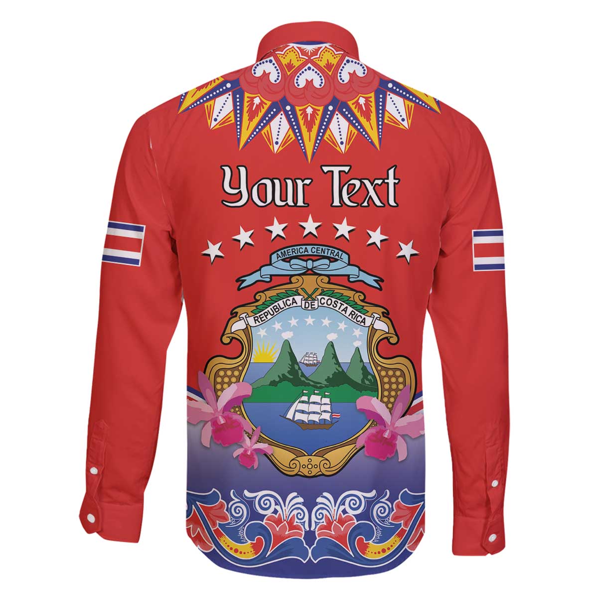 Personalized Costa Rica Independence Day Family Matching Off The Shoulder Long Sleeve Dress and Hawaiian Shirt Guaria Morada With Folk Pattern - Wonder Print Shop