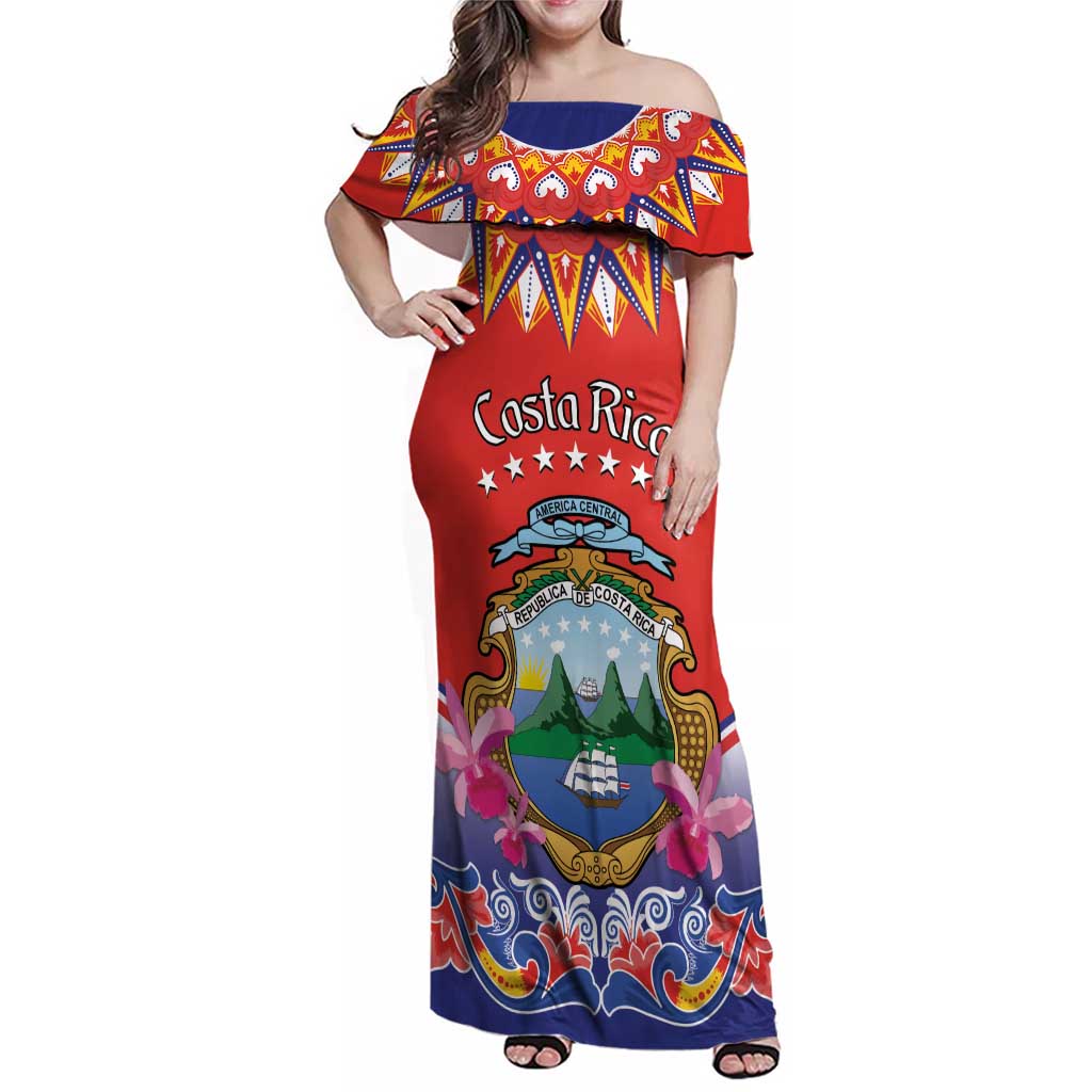 Personalized Costa Rica Independence Day Family Matching Off Shoulder Maxi Dress and Hawaiian Shirt Guaria Morada With Folk Pattern - Wonder Print Shop
