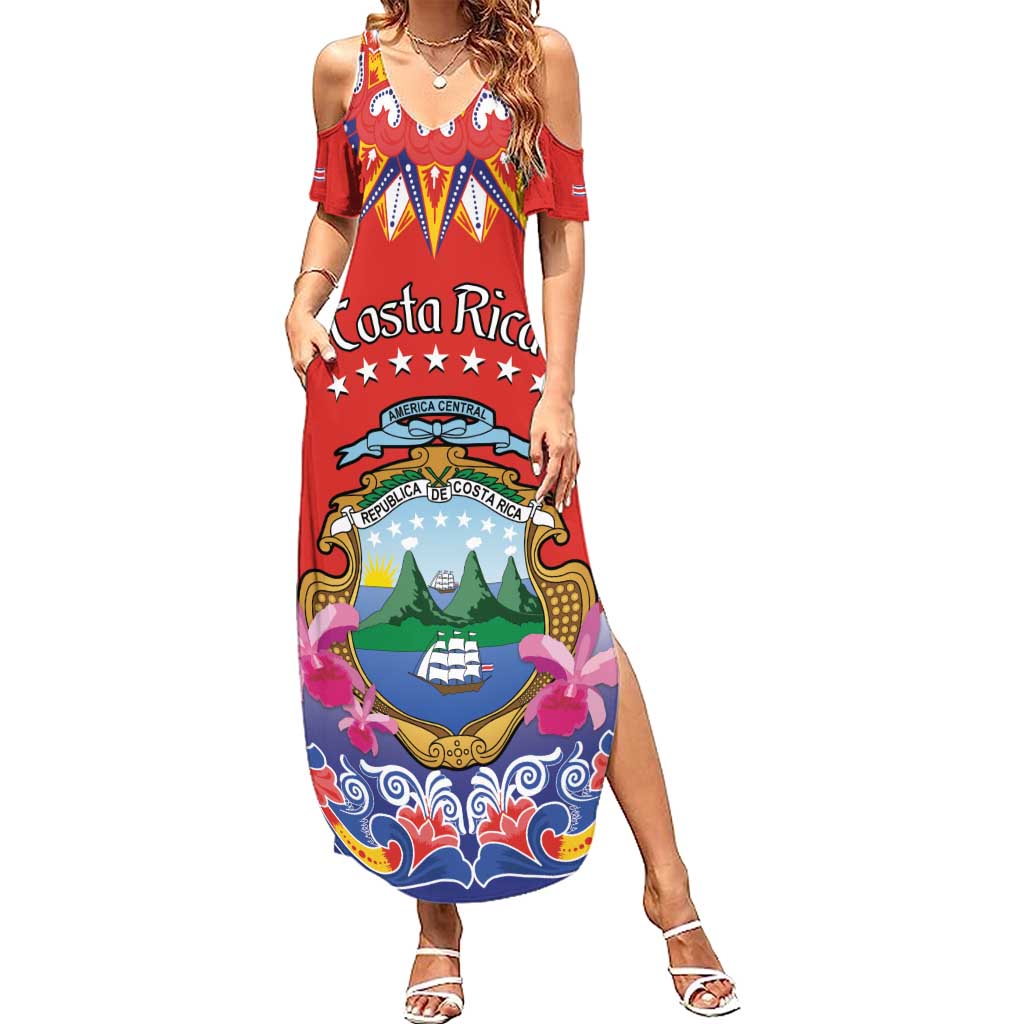 Personalized Costa Rica Independence Day Family Matching Summer Maxi Dress and Hawaiian Shirt Guaria Morada With Folk Pattern - Wonder Print Shop