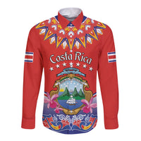 Personalized Costa Rica Independence Day Long Sleeve Button Shirt Guaria Morada With Folk Pattern - Wonder Print Shop