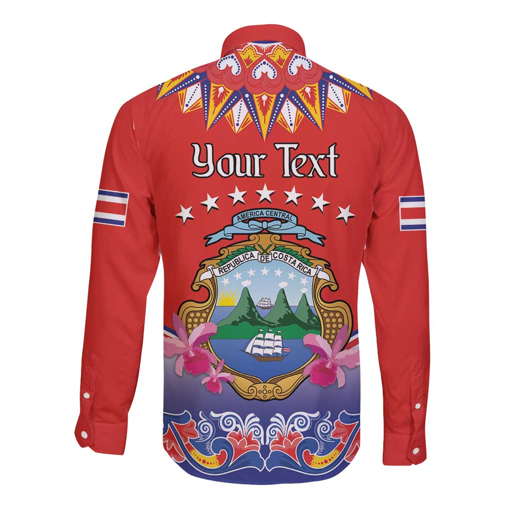 Personalized Costa Rica Independence Day Long Sleeve Button Shirt Guaria Morada With Folk Pattern - Wonder Print Shop