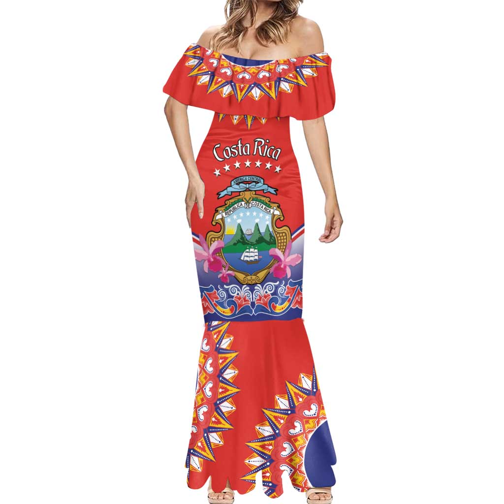 Personalized Costa Rica Independence Day Mermaid Dress Guaria Morada With Folk Pattern - Wonder Print Shop