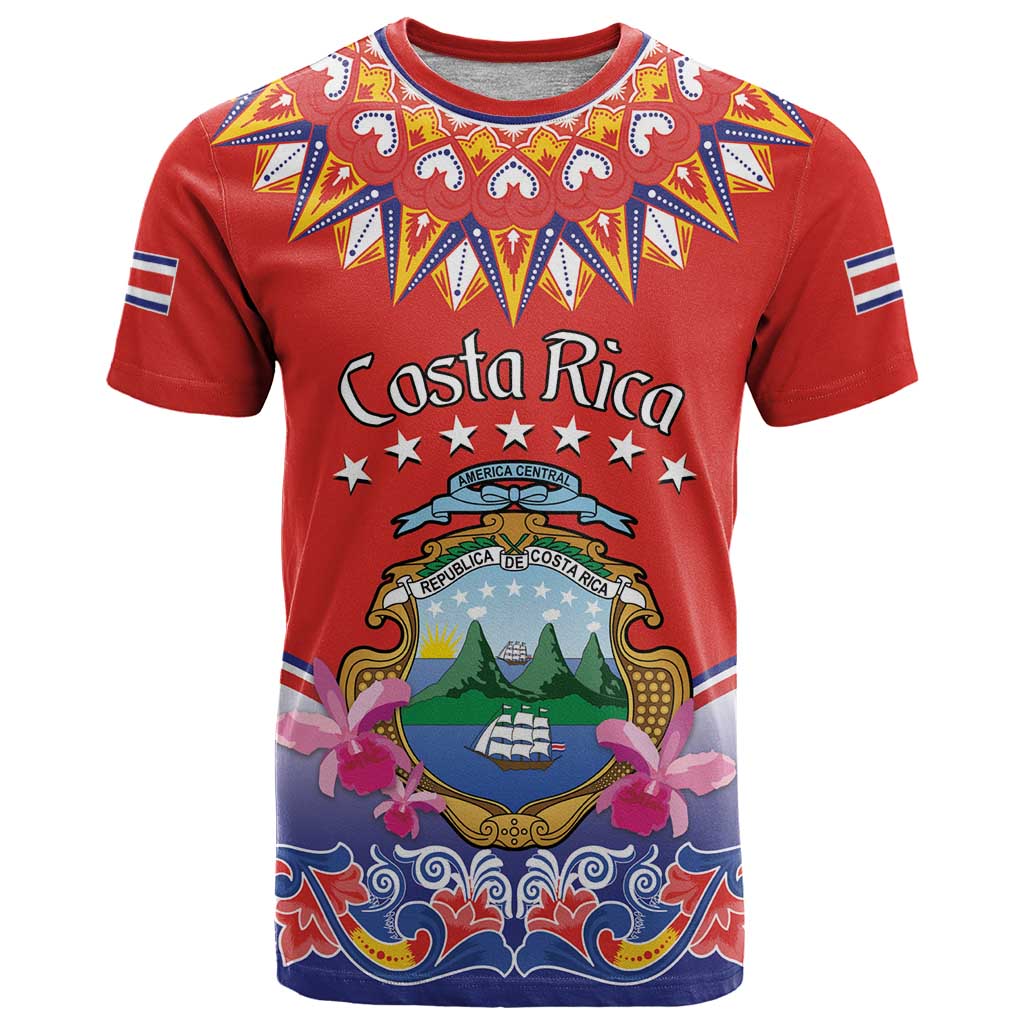Personalized Costa Rica Independence Day T Shirt Guaria Morada With Folk Pattern - Wonder Print Shop