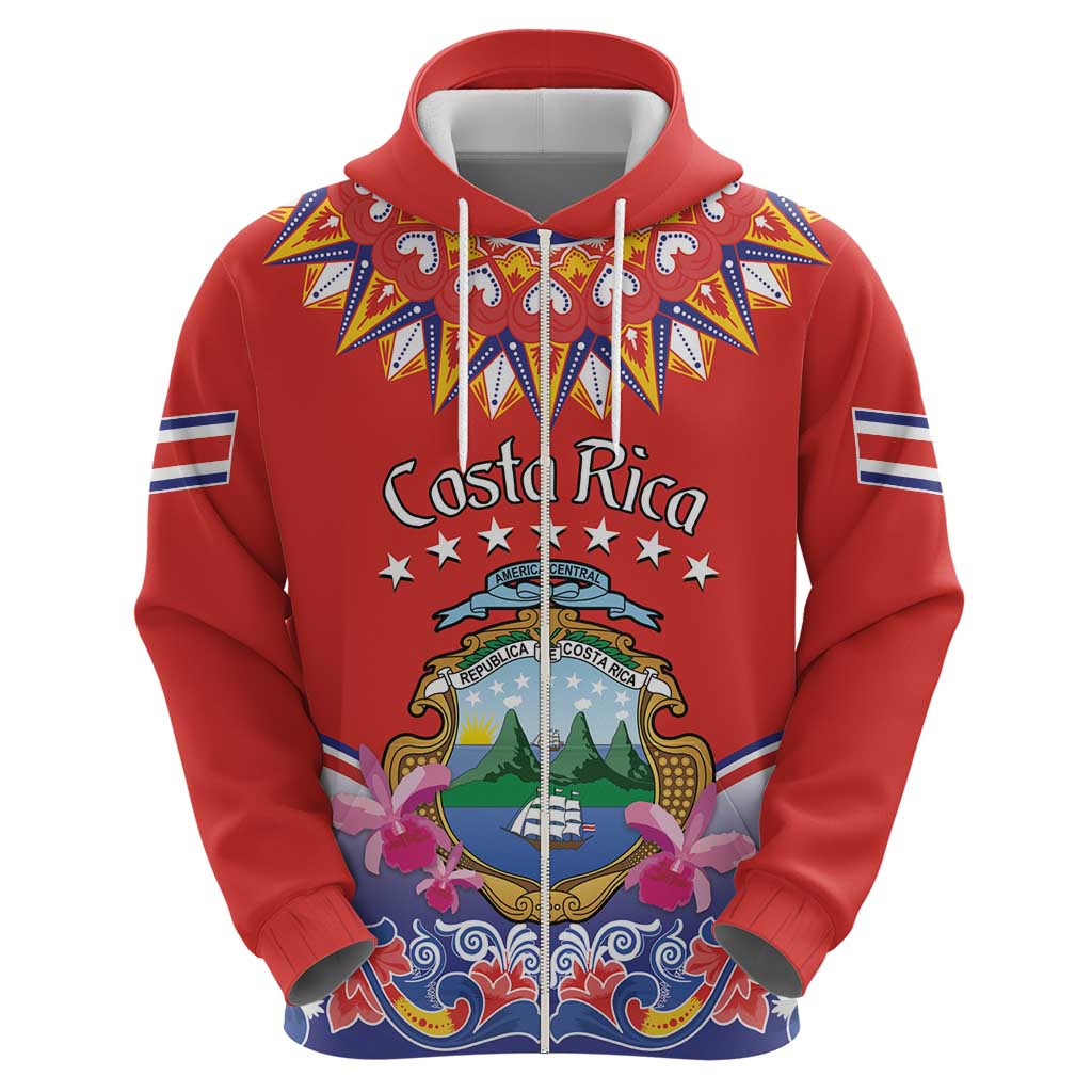 Personalized Costa Rica Independence Day Zip Hoodie Guaria Morada With Folk Pattern - Wonder Print Shop