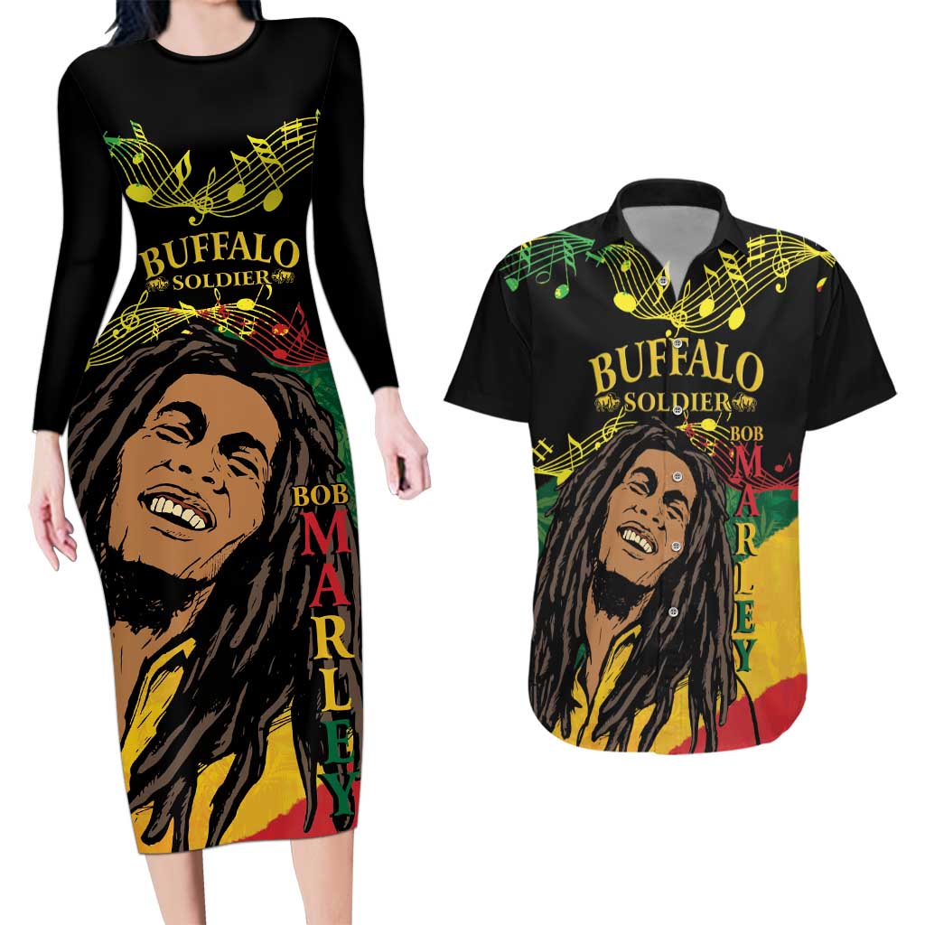 Legend Bob Buffalo Soldier Couples Matching Long Sleeve Bodycon Dress and Hawaiian Shirt American Heroes Reggae Style - Wonder Print Shop