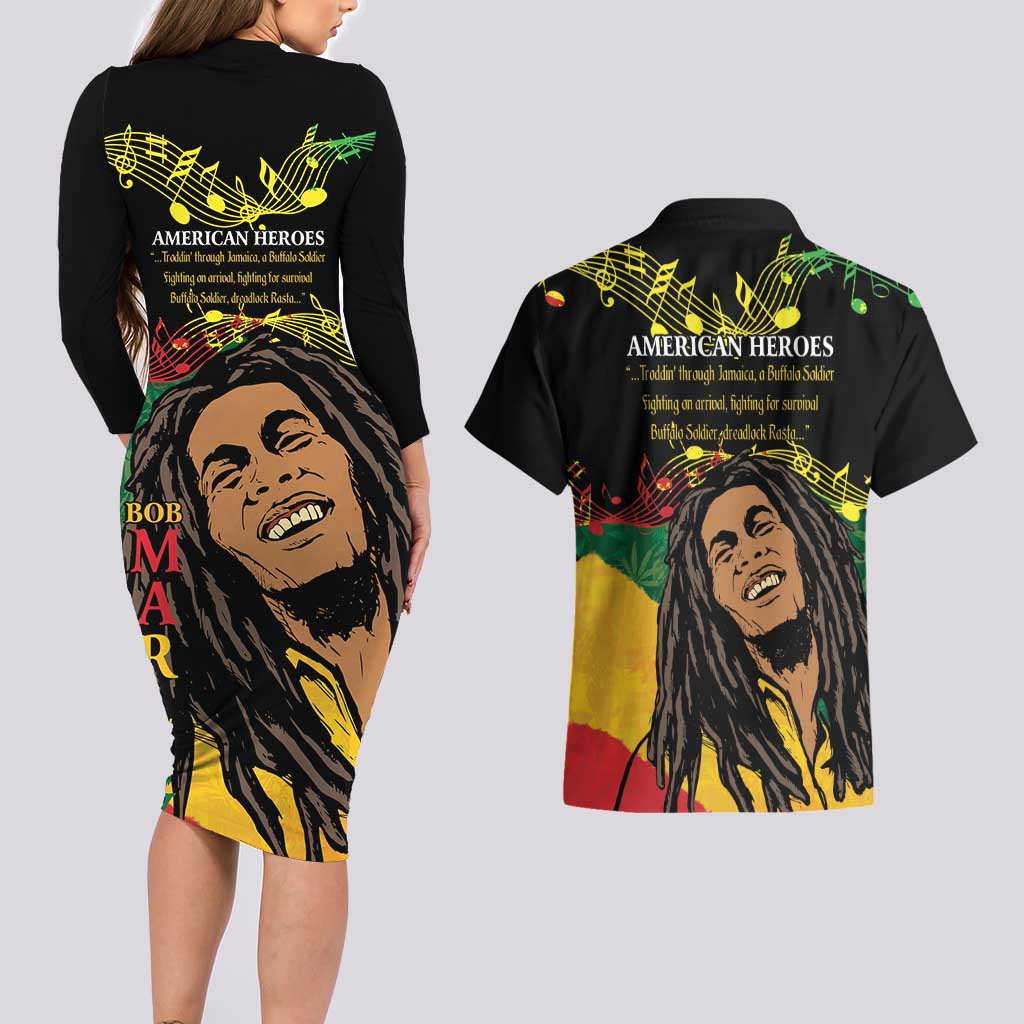 Legend Bob Buffalo Soldier Couples Matching Long Sleeve Bodycon Dress and Hawaiian Shirt American Heroes Reggae Style - Wonder Print Shop