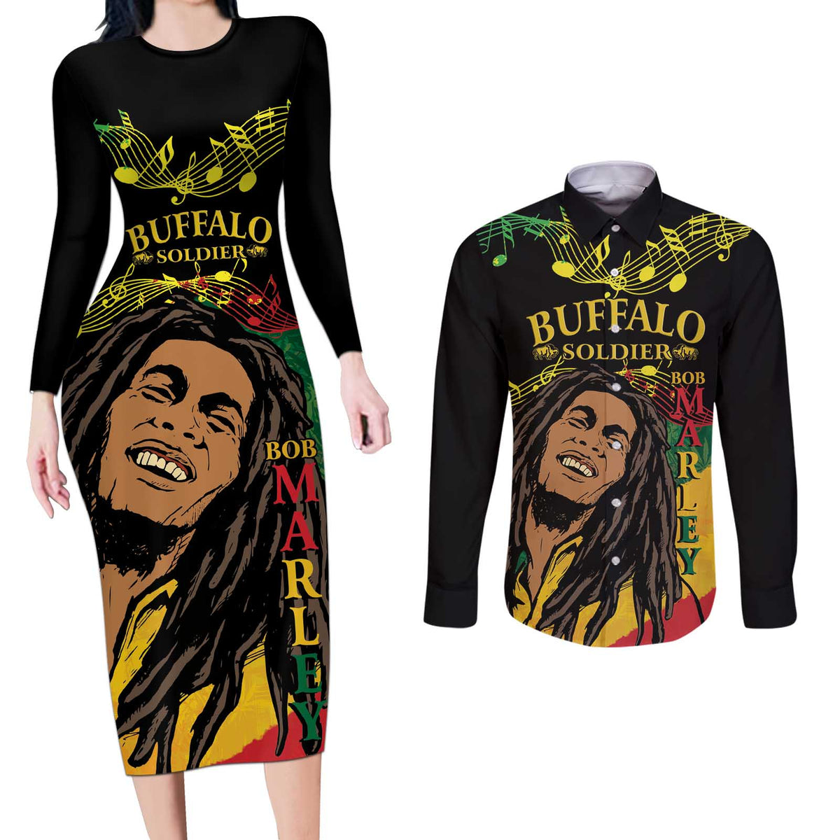 Legend Bob Buffalo Soldier Couples Matching Long Sleeve Bodycon Dress and Long Sleeve Button Shirt American Heroes Reggae Style - Wonder Print Shop