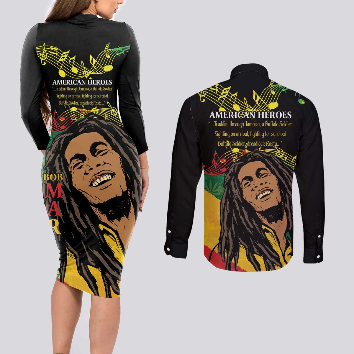 Legend Bob Buffalo Soldier Couples Matching Long Sleeve Bodycon Dress and Long Sleeve Button Shirt American Heroes Reggae Style - Wonder Print Shop