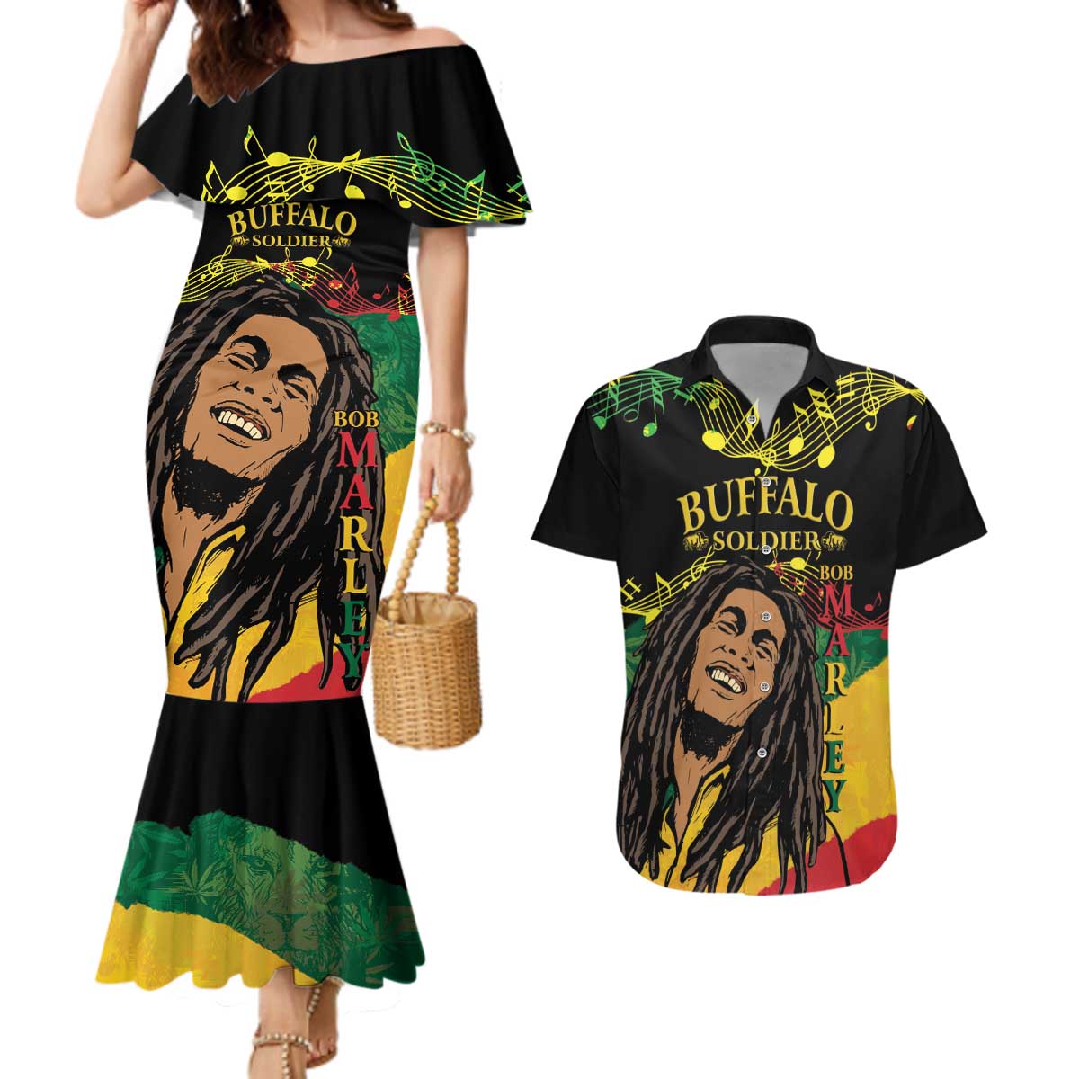 Legend Bob Buffalo Soldier Couples Matching Mermaid Dress and Hawaiian Shirt American Heroes Reggae Style - Wonder Print Shop