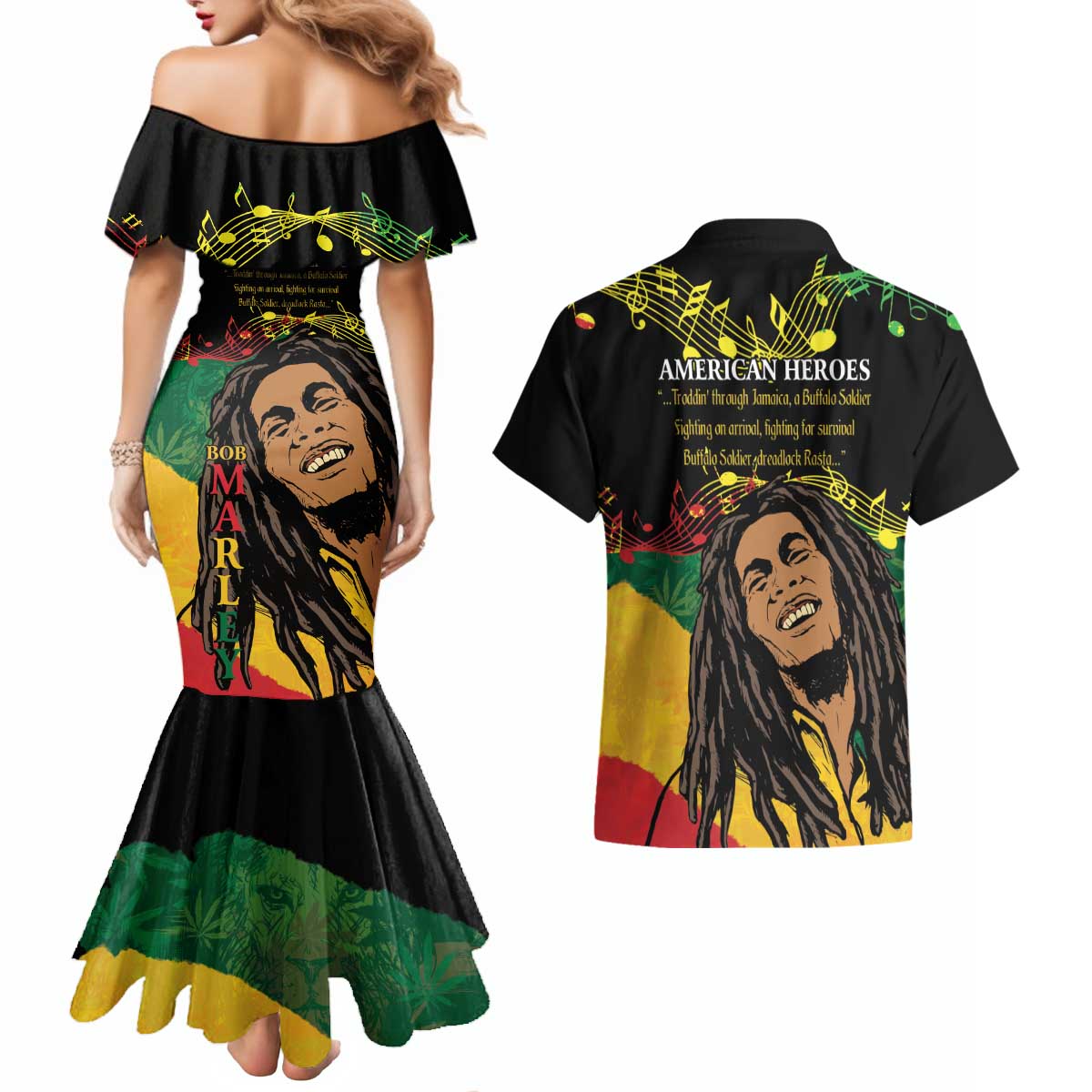 Legend Bob Buffalo Soldier Couples Matching Mermaid Dress and Hawaiian Shirt American Heroes Reggae Style - Wonder Print Shop
