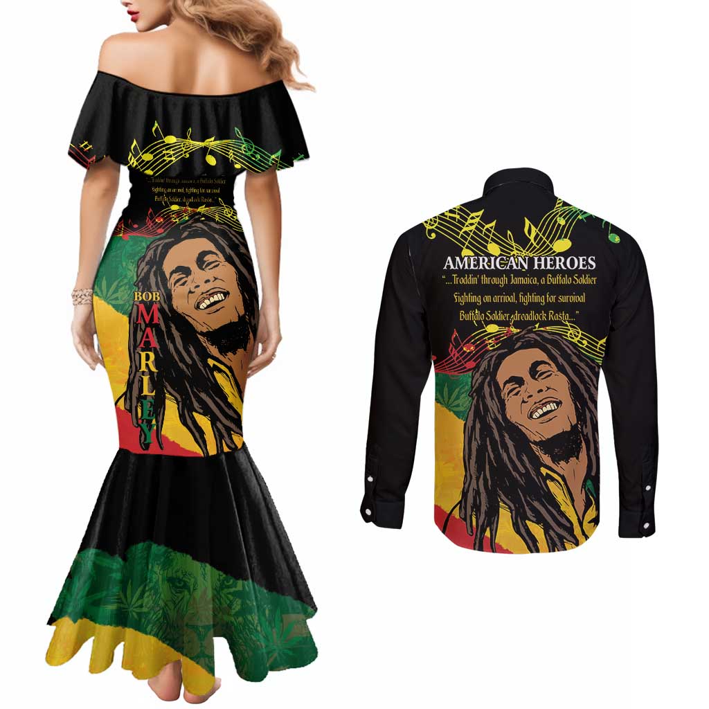 Legend Bob Buffalo Soldier Couples Matching Mermaid Dress and Long Sleeve Button Shirt American Heroes Reggae Style