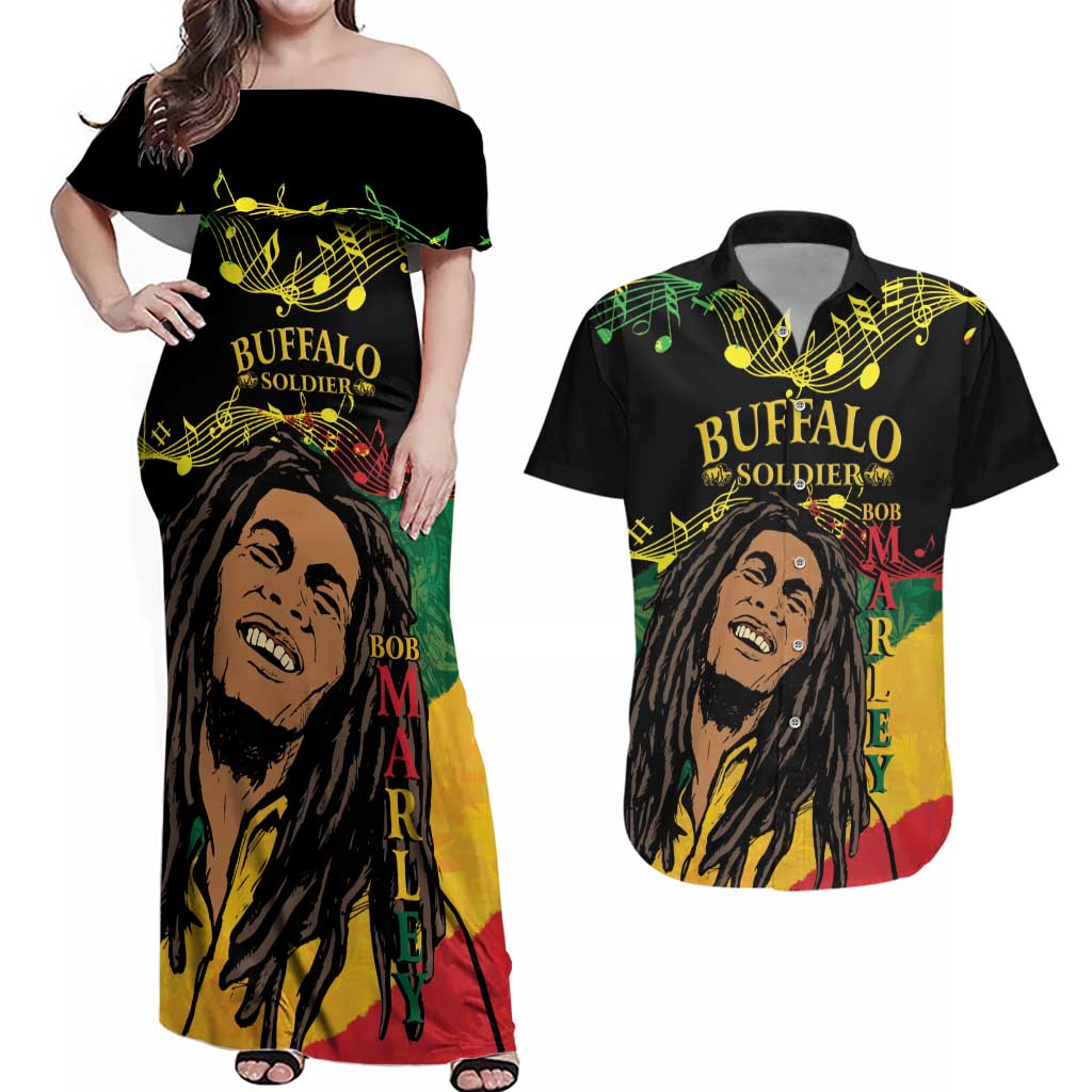 Legend Bob Buffalo Soldier Couples Matching Off Shoulder Maxi Dress and Hawaiian Shirt American Heroes Reggae Style - Wonder Print Shop