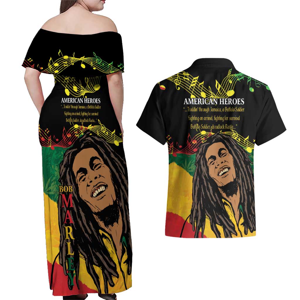 Legend Bob Buffalo Soldier Couples Matching Off Shoulder Maxi Dress and Hawaiian Shirt American Heroes Reggae Style - Wonder Print Shop