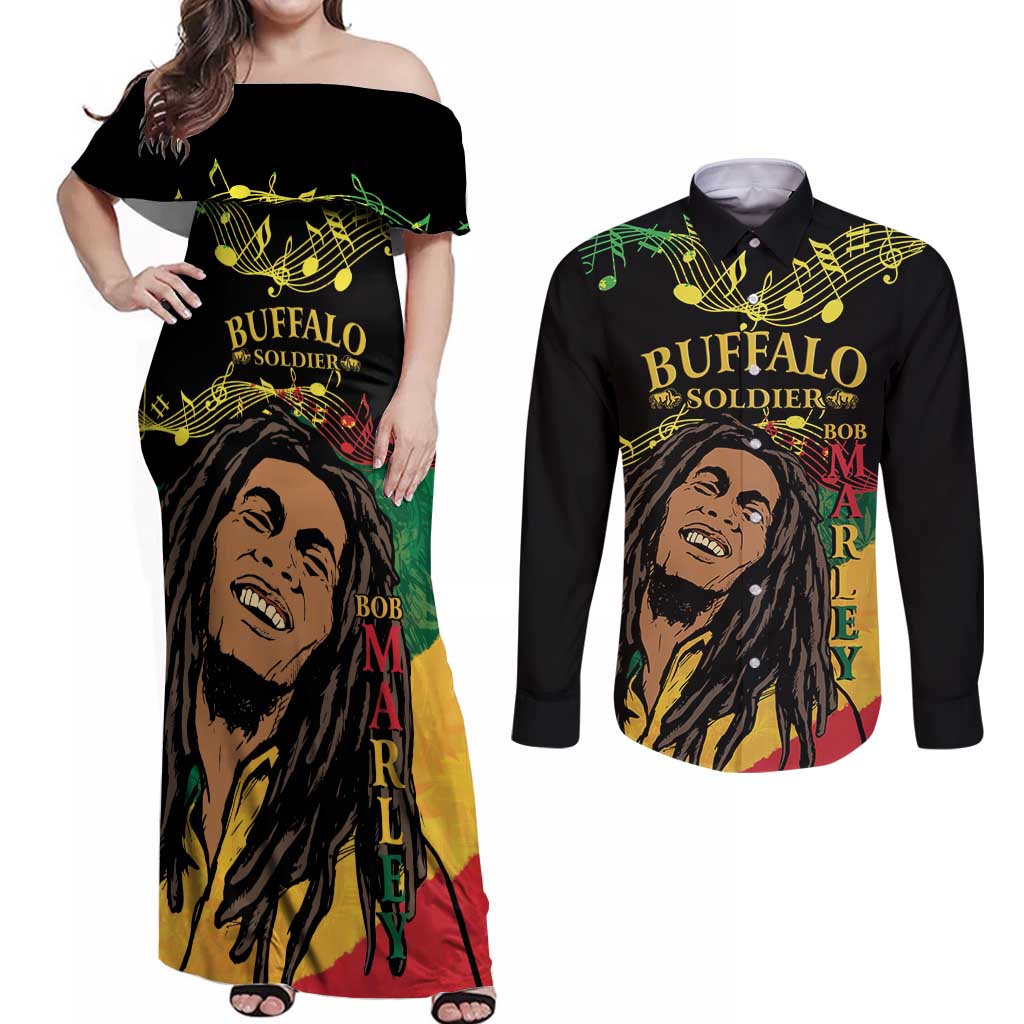 Legend Bob Buffalo Soldier Couples Matching Off Shoulder Maxi Dress and Long Sleeve Button Shirt American Heroes Reggae Style - Wonder Print Shop