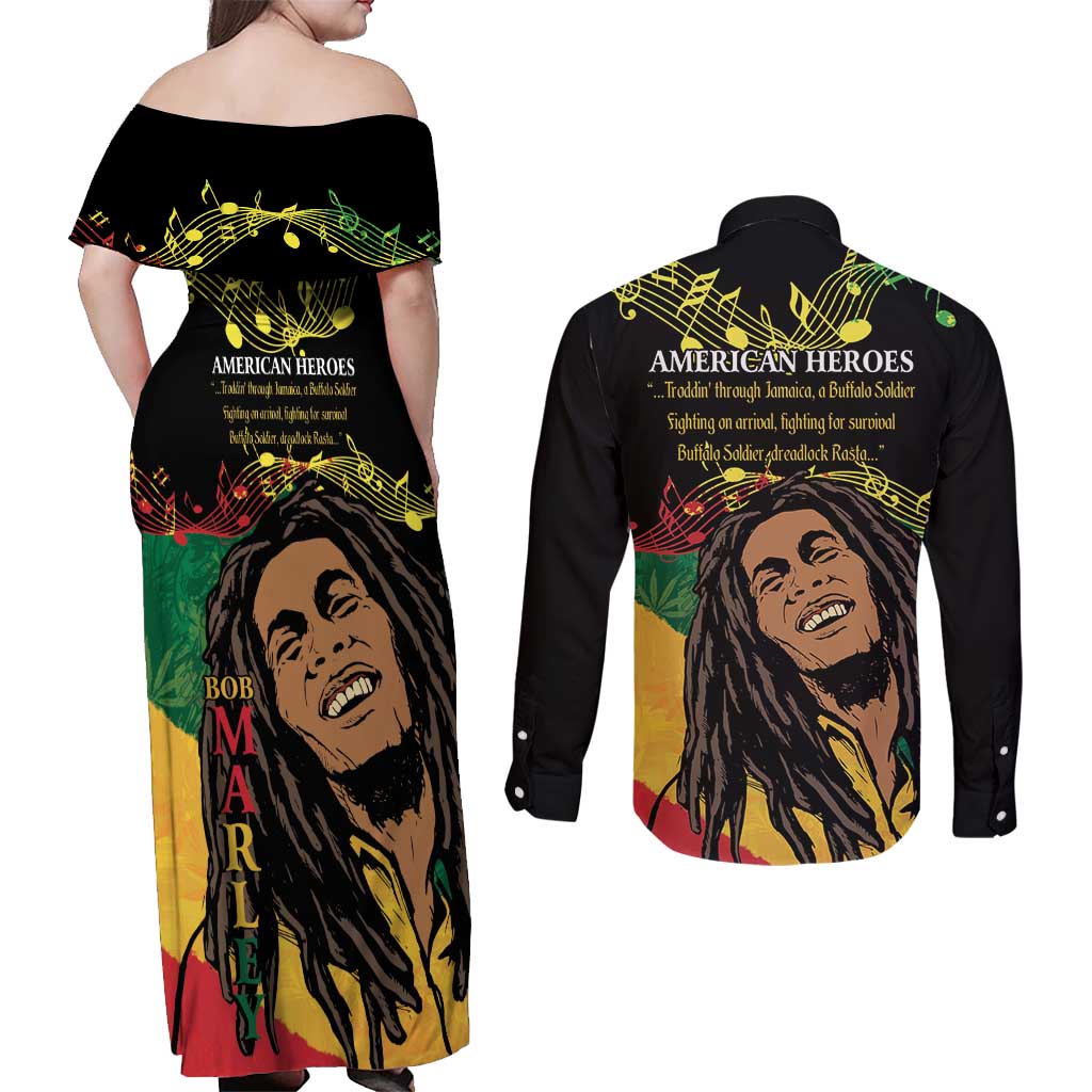 Legend Bob Buffalo Soldier Couples Matching Off Shoulder Maxi Dress and Long Sleeve Button Shirt American Heroes Reggae Style - Wonder Print Shop