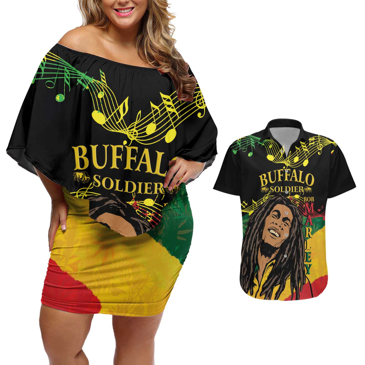 Legend Bob Buffalo Soldier Couples Matching Off Shoulder Short Dress and Hawaiian Shirt American Heroes Reggae Style - Wonder Print Shop
