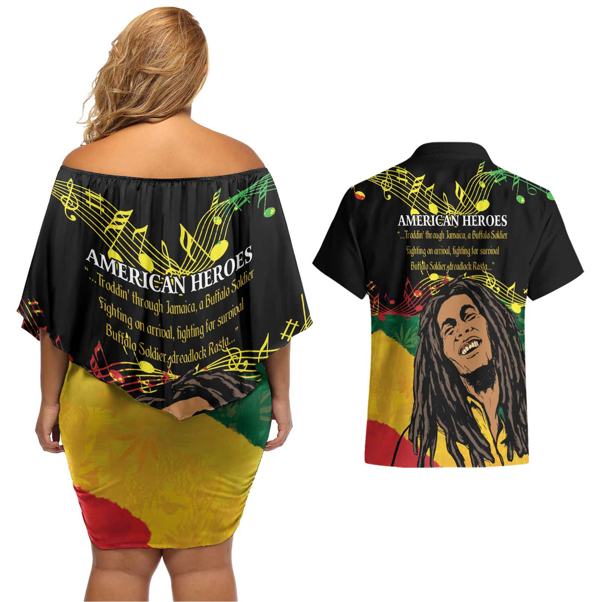 Legend Bob Buffalo Soldier Couples Matching Off Shoulder Short Dress and Hawaiian Shirt American Heroes Reggae Style - Wonder Print Shop
