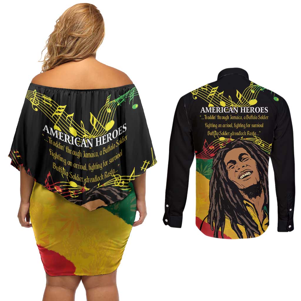 Legend Bob Buffalo Soldier Couples Matching Off Shoulder Short Dress and Long Sleeve Button Shirt American Heroes Reggae Style - Wonder Print Shop