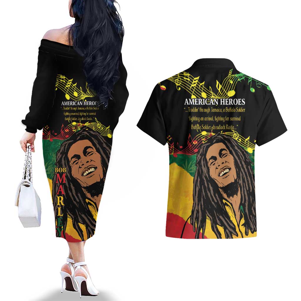 Legend Bob Buffalo Soldier Couples Matching Off The Shoulder Long Sleeve Dress and Hawaiian Shirt American Heroes Reggae Style - Wonder Print Shop