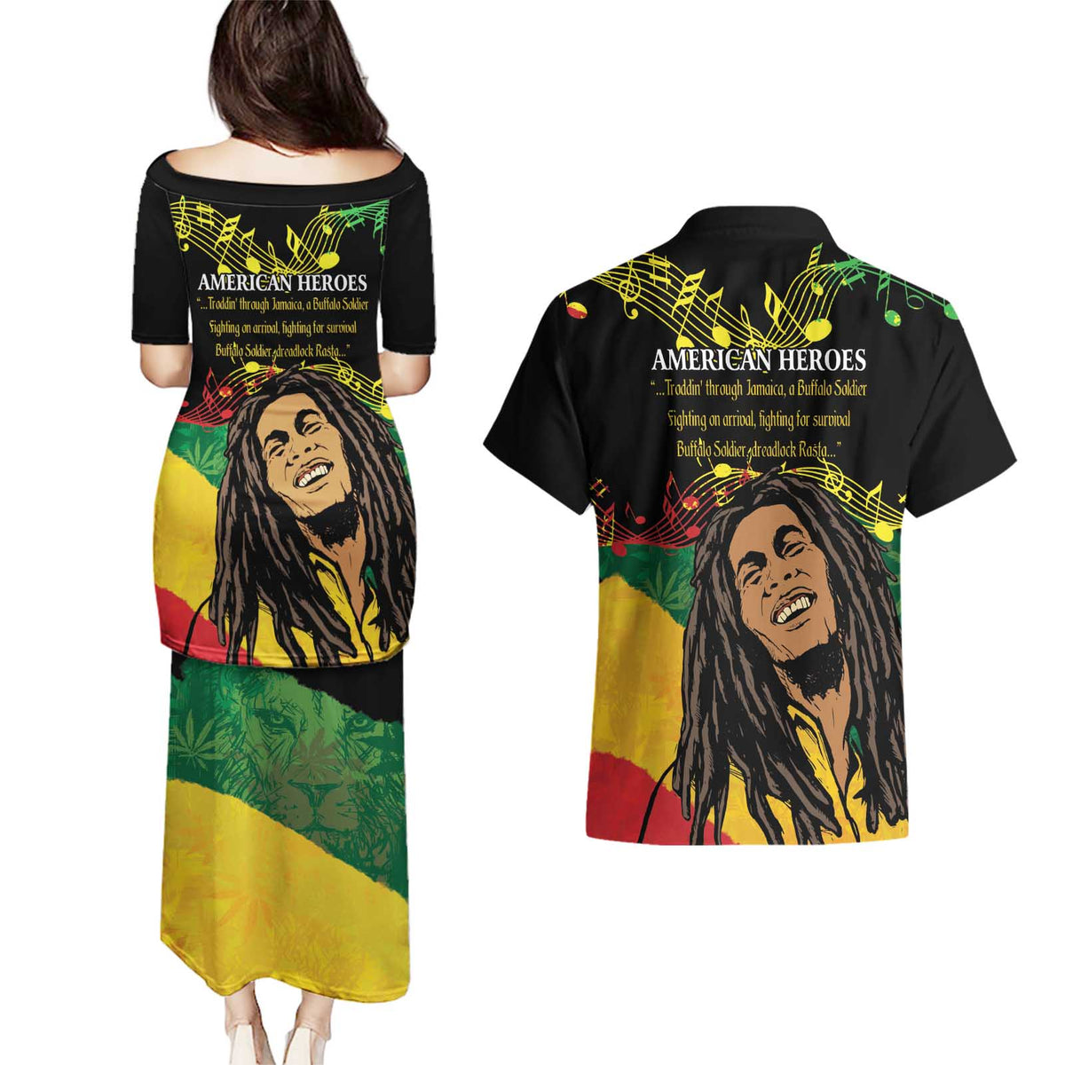 Legend Bob Buffalo Soldier Couples Matching Puletasi and Hawaiian Shirt American Heroes Reggae Style - Wonder Print Shop