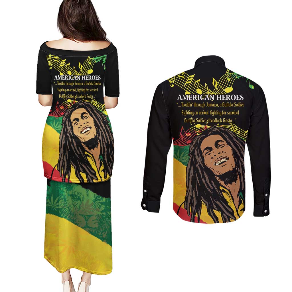 Legend Bob Buffalo Soldier Couples Matching Puletasi and Long Sleeve Button Shirt American Heroes Reggae Style - Wonder Print Shop