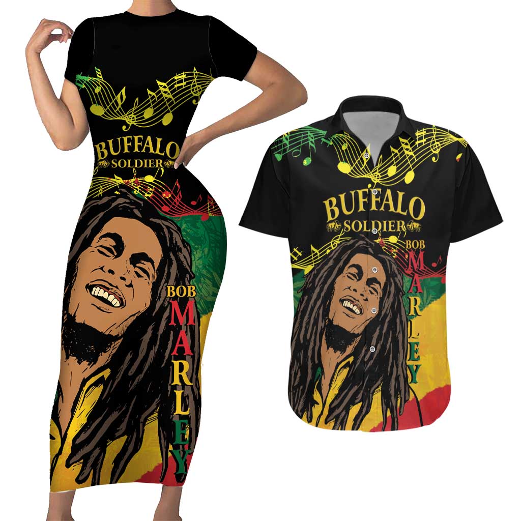 Legend Bob Buffalo Soldier Couples Matching Short Sleeve Bodycon Dress and Hawaiian Shirt American Heroes Reggae Style - Wonder Print Shop