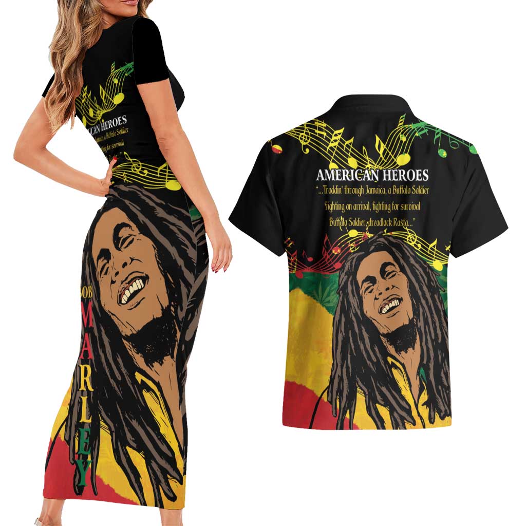 Legend Bob Buffalo Soldier Couples Matching Short Sleeve Bodycon Dress and Hawaiian Shirt American Heroes Reggae Style - Wonder Print Shop