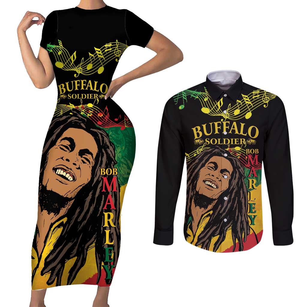 Legend Bob Buffalo Soldier Couples Matching Short Sleeve Bodycon Dress and Long Sleeve Button Shirt American Heroes Reggae Style - Wonder Print Shop