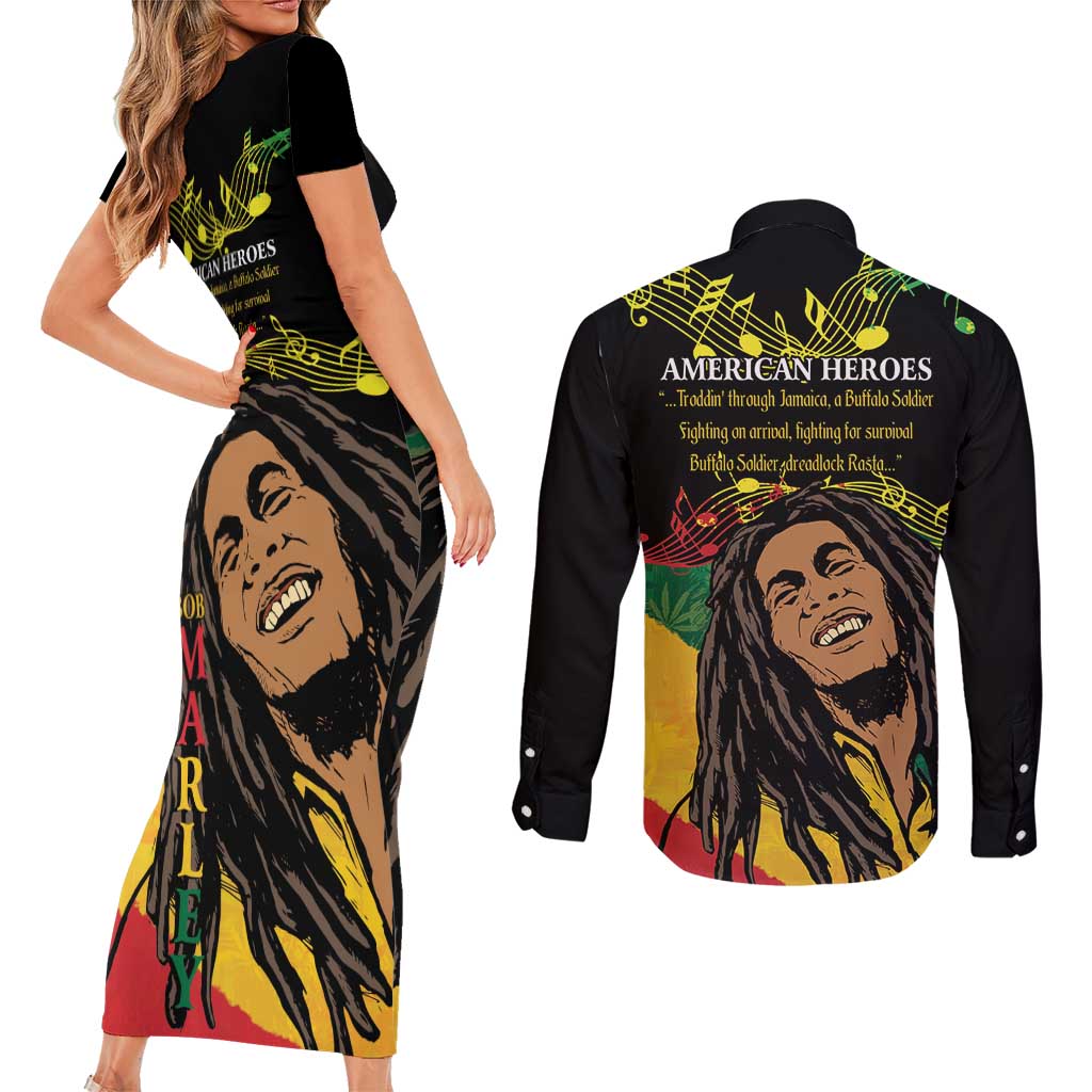 Legend Bob Buffalo Soldier Couples Matching Short Sleeve Bodycon Dress and Long Sleeve Button Shirt American Heroes Reggae Style - Wonder Print Shop