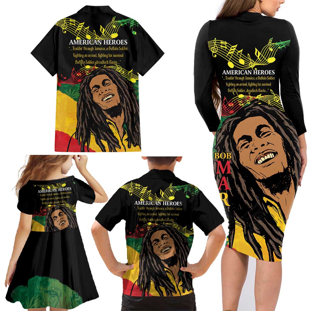 Legend Bob Buffalo Soldier Family Matching Long Sleeve Bodycon Dress and Hawaiian Shirt American Heroes Reggae Style - Wonder Print Shop
