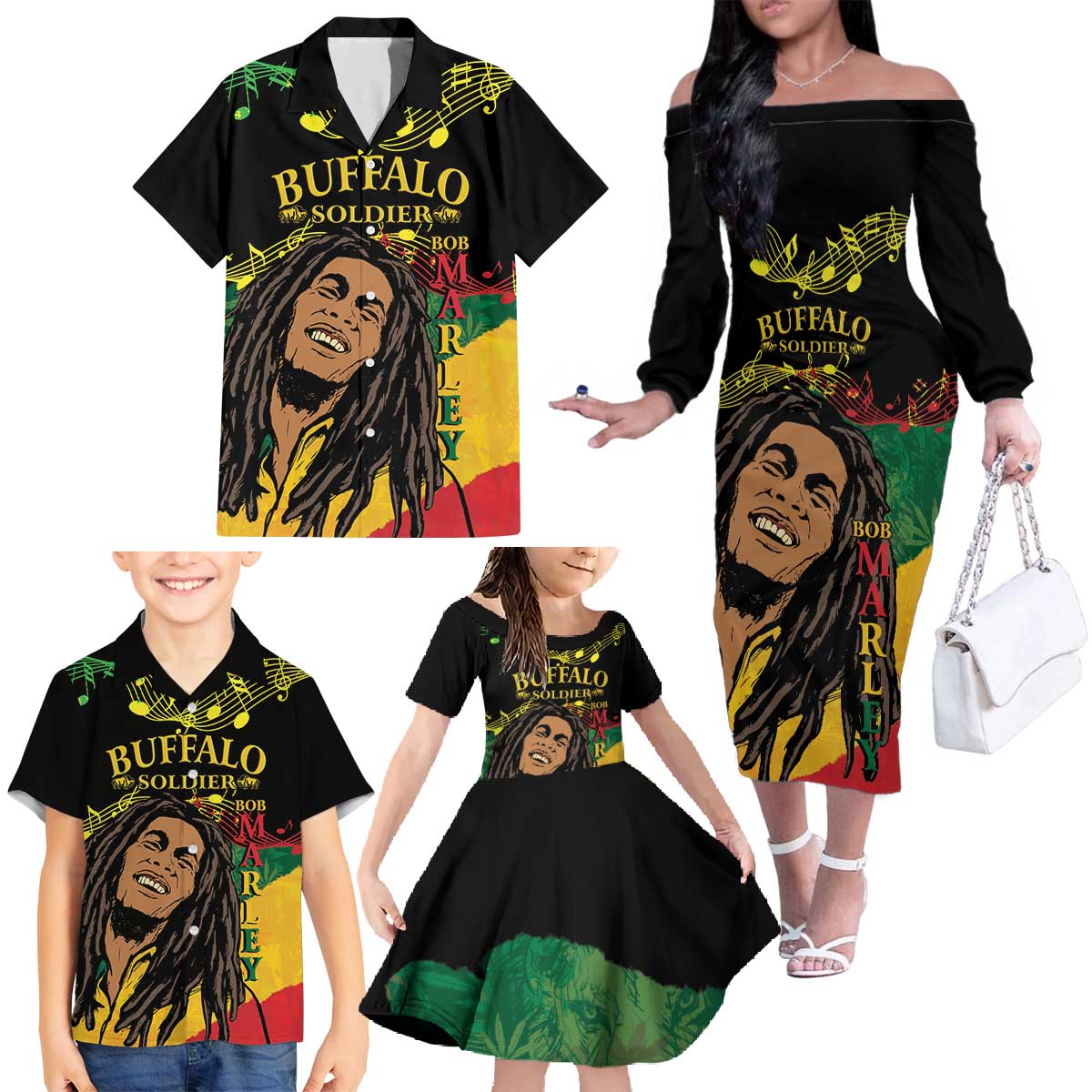 Legend Bob Buffalo Soldier Family Matching Off The Shoulder Long Sleeve Dress and Hawaiian Shirt American Heroes Reggae Style - Wonder Print Shop
