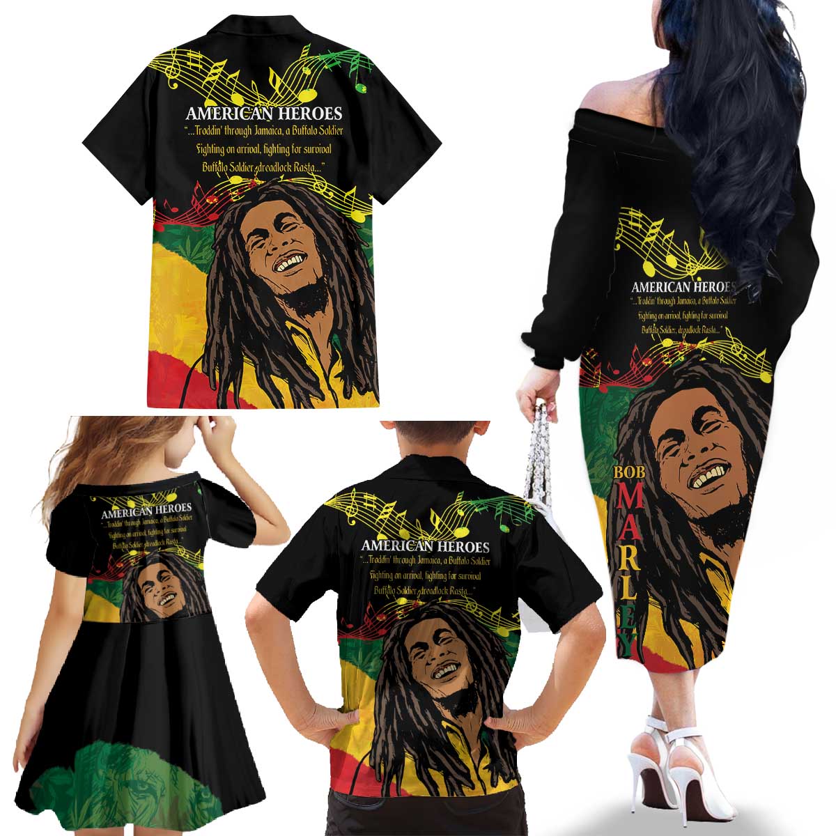 Legend Bob Buffalo Soldier Family Matching Off The Shoulder Long Sleeve Dress and Hawaiian Shirt American Heroes Reggae Style - Wonder Print Shop