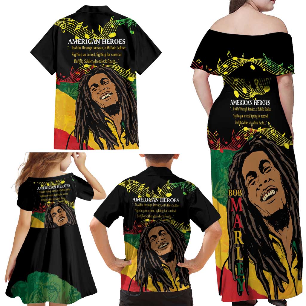 Legend Bob Buffalo Soldier Family Matching Off Shoulder Maxi Dress and Hawaiian Shirt American Heroes Reggae Style - Wonder Print Shop
