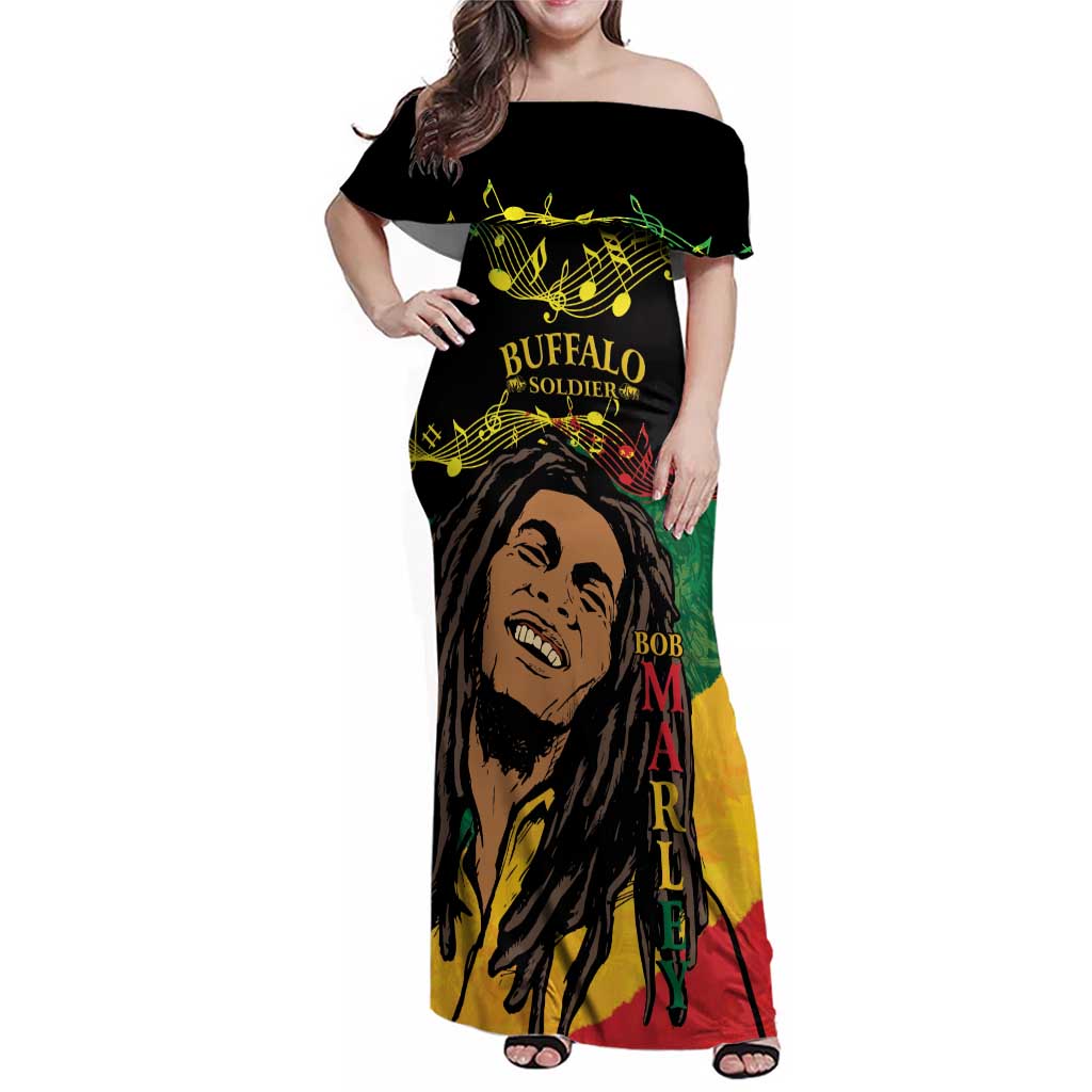 Legend Bob Buffalo Soldier Family Matching Off Shoulder Maxi Dress and Hawaiian Shirt American Heroes Reggae Style - Wonder Print Shop
