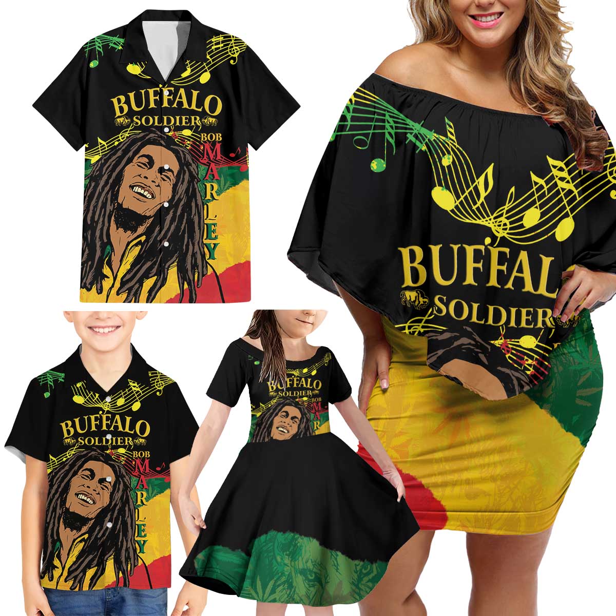 Legend Bob Buffalo Soldier Family Matching Off Shoulder Short Dress and Hawaiian Shirt American Heroes Reggae Style - Wonder Print Shop