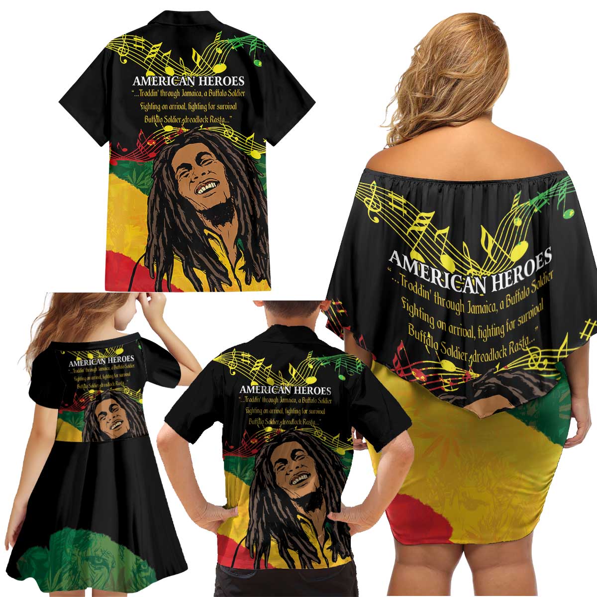 Legend Bob Buffalo Soldier Family Matching Off Shoulder Short Dress and Hawaiian Shirt American Heroes Reggae Style - Wonder Print Shop